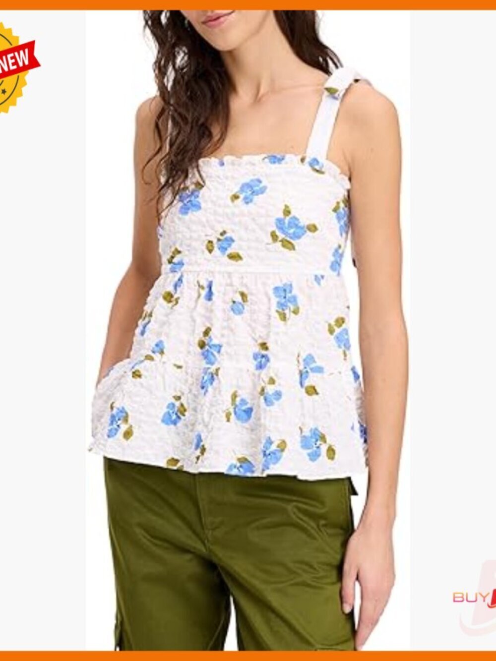 Size M Tiered Top with Floral Print, Square Neck, Sleeveless, Cotton